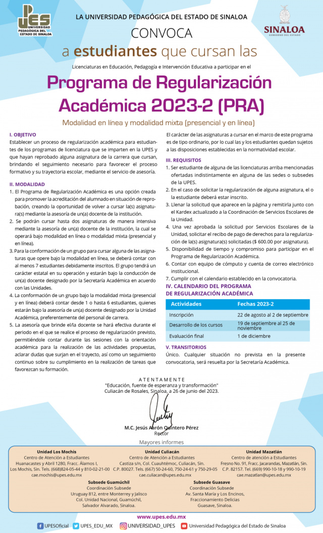 Convocatoria de Regularización Académica 2023-2