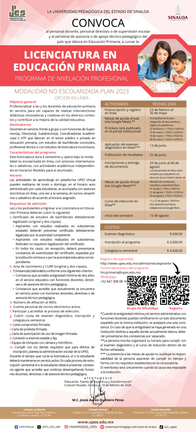 Convocatoria LICENCIATURA EN EDUCACIÓN PRIMARIA 2026