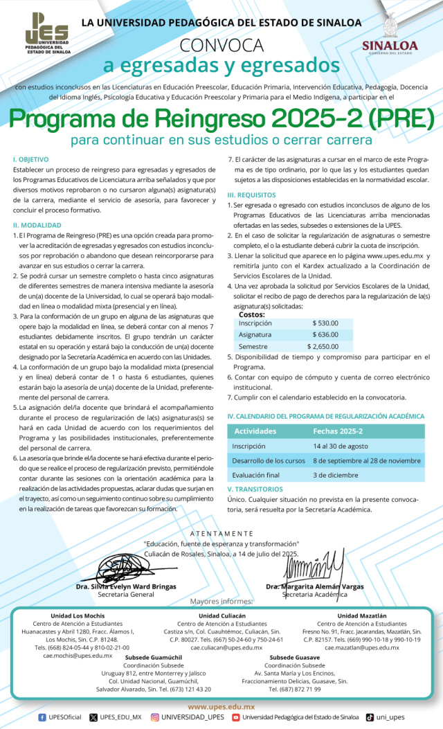 Convocatoria Programa de Reingreso 2025-2 (PRE)