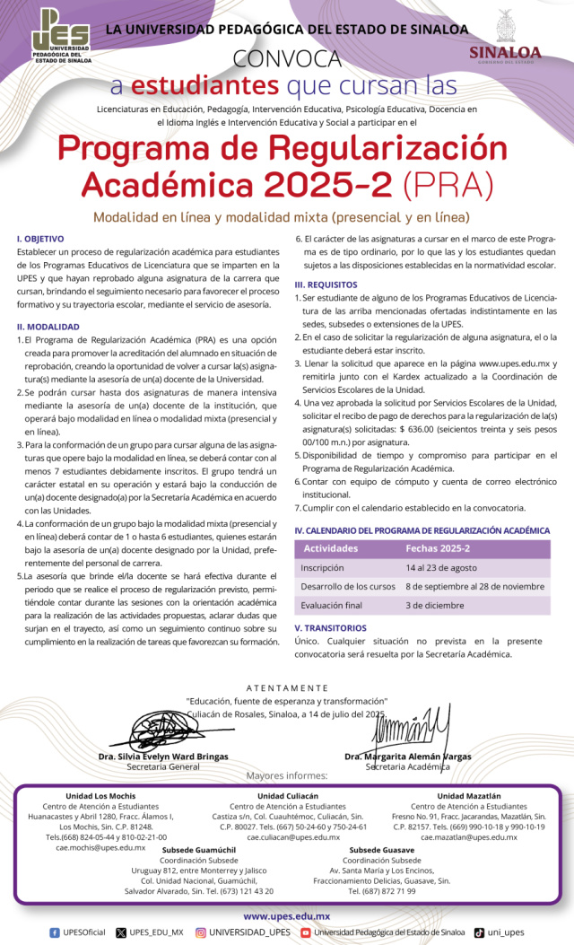 Convocatoria Programa de Regularización Académica 2025-2 (PRA)