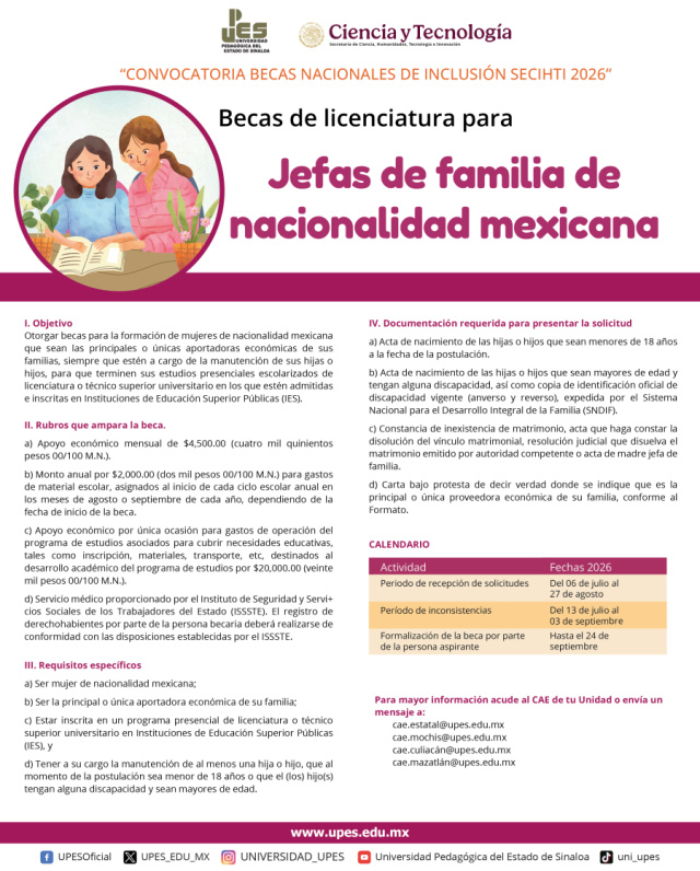 Convocatoria Becas y apoyos Madres de familia licenciatura 2026