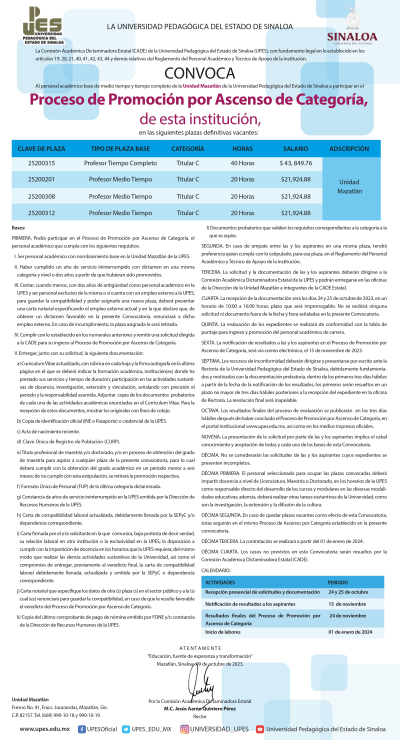 Convocatoria Proceso de Promoción por Ascenso de Categoría (Unidad Mazatlán)