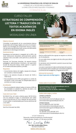 Convocatoria curso taller ESTRATEGIAS DE COMPRENSIÓN LECTORA Y TRADUCCIÓN DE TEXTOS ACADÉMICOS EN IDIOMA INGLÉS