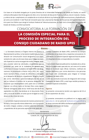 Convocatoria a la Formación de la Comisión Especial para el Proceso de Integración del Consejo Ciudadano de Radio Upes