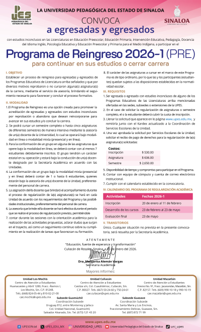 Convocatoria Programa de Reingreso 2026-1 (PRE)