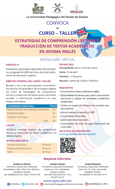 Convocatoria de Estrategias de comprensi&oacute;n lectoras y traducci&oacute;n de textos en idioma ingl&eacute;s