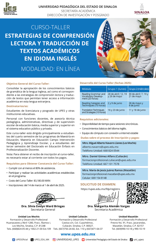 Convocatoria curso taller ESTRATEGIAS DE COMPRENSIÓN LECTORA Y TRADUCCIÓN DE TEXTOS ACADÉMICOS EN IDIOMA INGLÉS